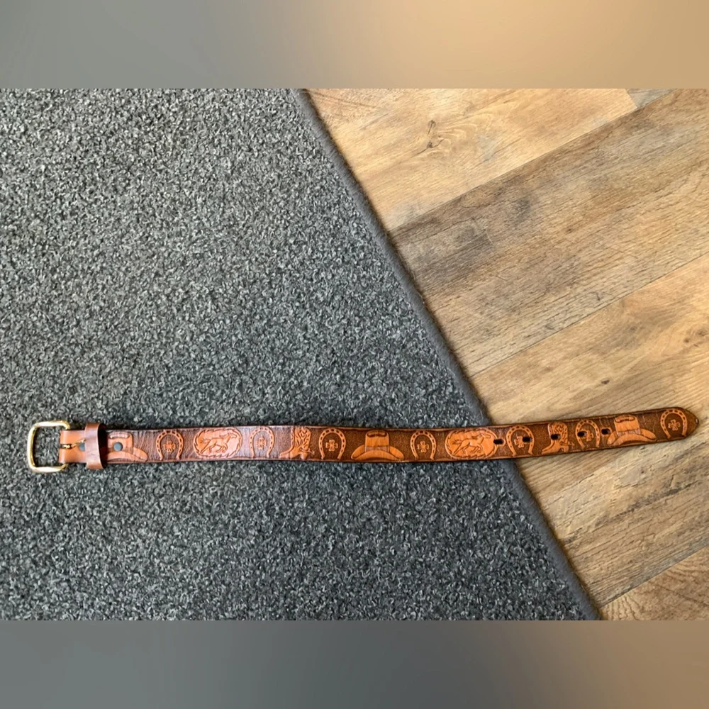 Brown Leather Belt with Western Embossing Horse, Cowboy Hat, Horseshoe 22 1/2”